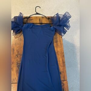 Elegant Blue Dress with Sheer Ruffle Sleeves
